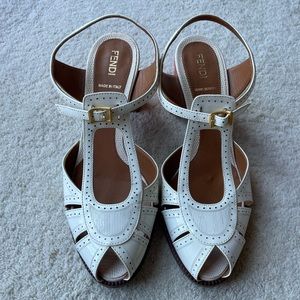 Fendi White Cut-Out Patent Leather And Orange Lizard Block Heel Peep Toe
